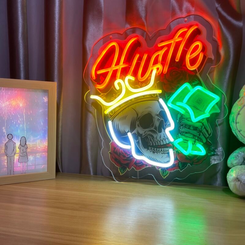 Skull, Hat & Smoke in the Neon Glow Neon Sign Light Artwork 